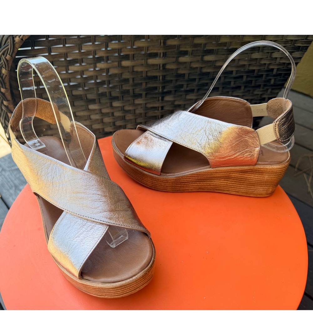 Bueno Sandals Womens 38 Rose Gold Metallic Leather Crisscross Platform‎ Wedge